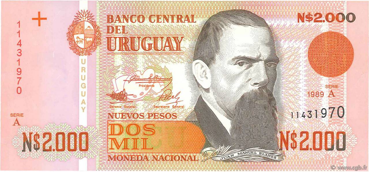 2000 Nuevos Pesos URUGUAY  1989 P.068a UNC
