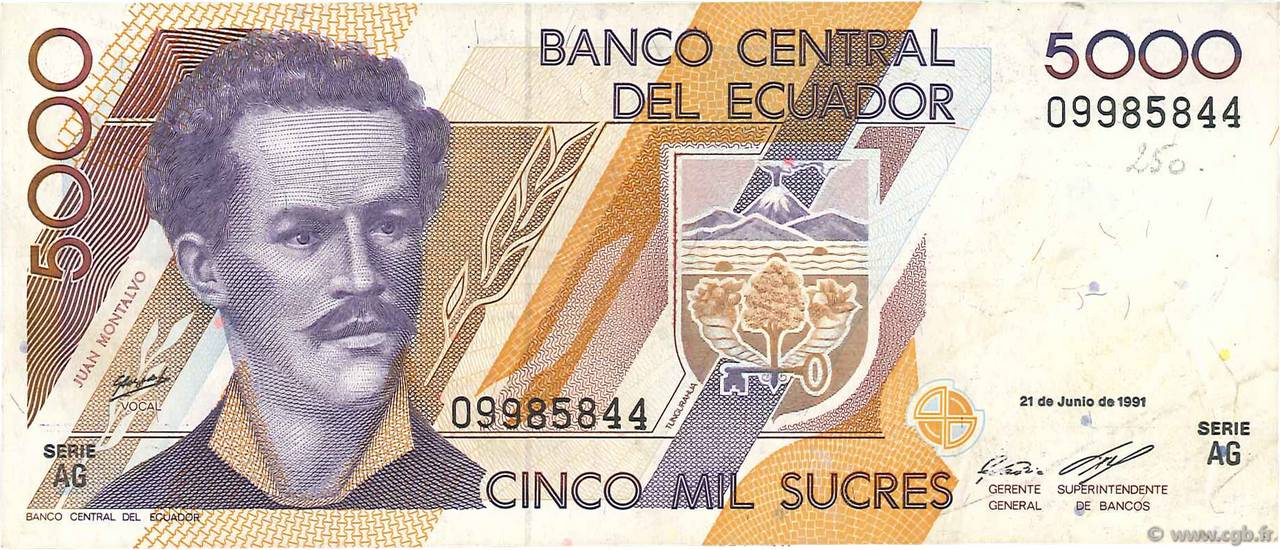 5000 Sucres ÉQUATEUR  1991 P.128a TTB