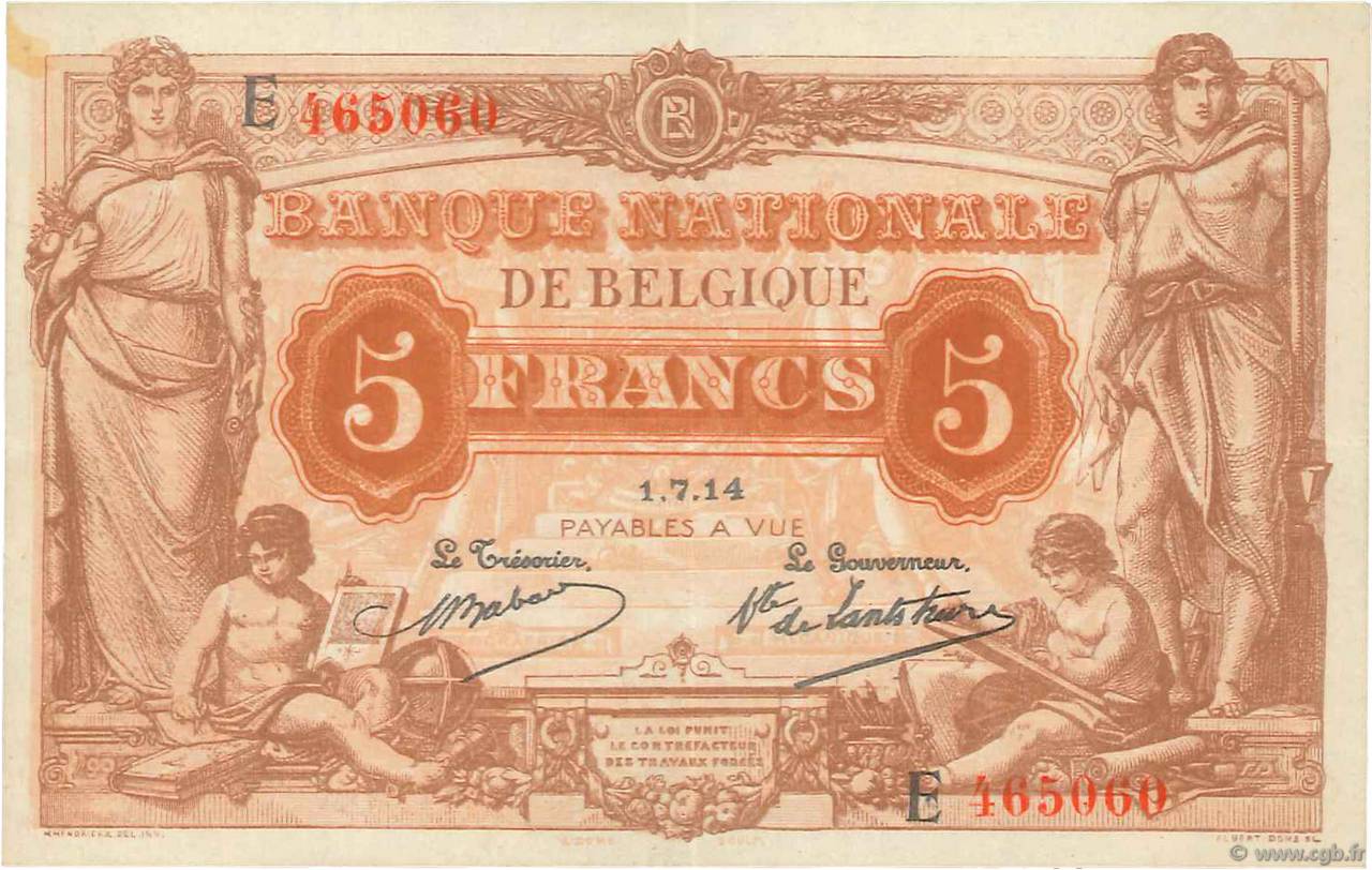 5 Francs BELGIQUE  1914 P.074a SUP