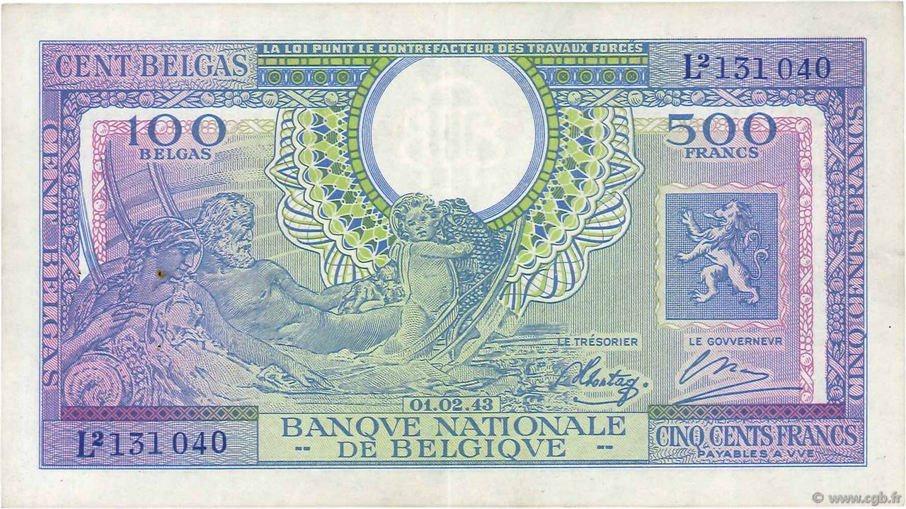 500 Francs - 100 Belgas BELGIEN  1943 P.124 VZ