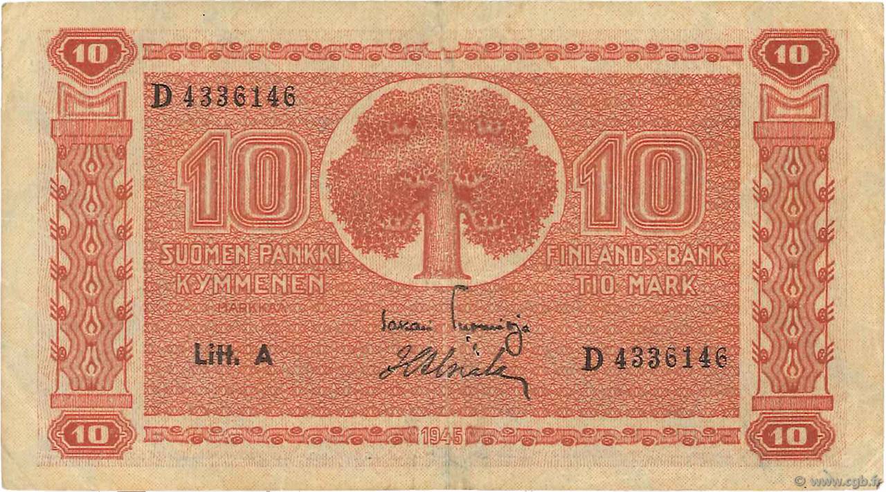 10 Markkaa FINLANDE  1945 P.077a TB+