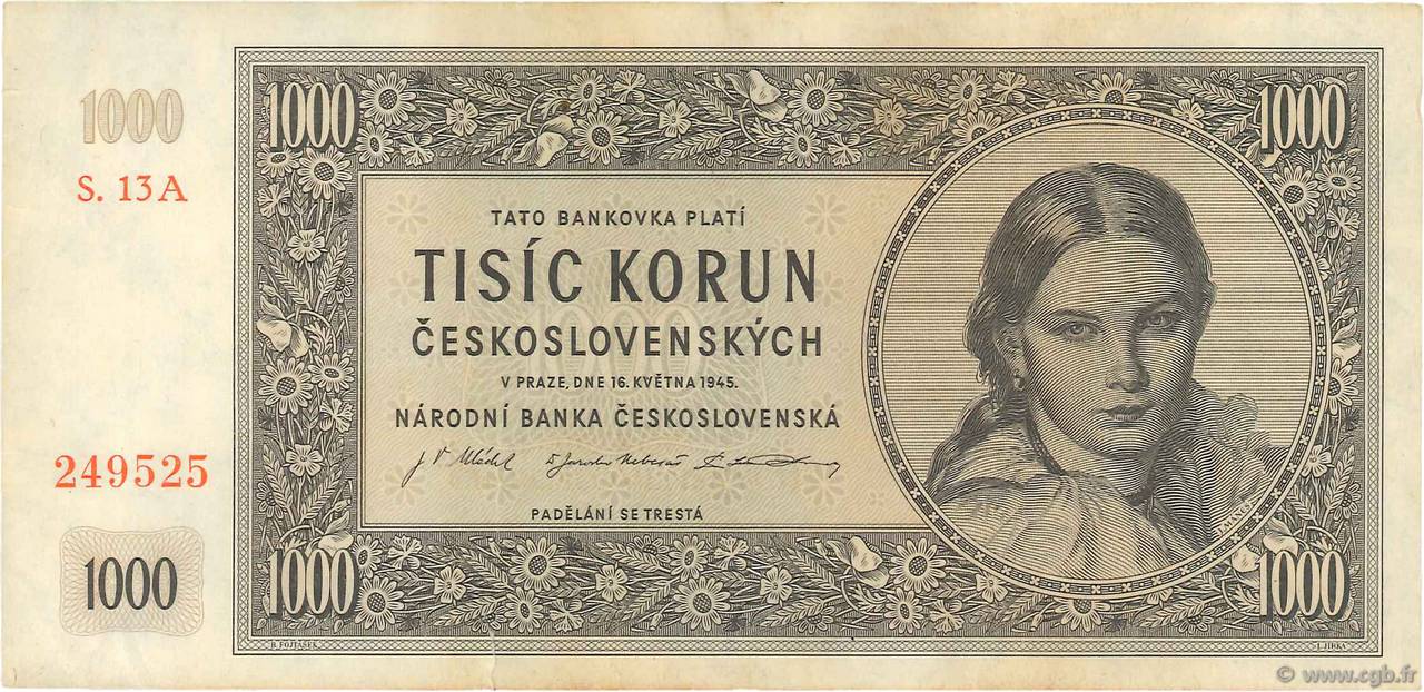 1000 Korun TCHÉCOSLOVAQUIE  1945 P.074a TTB