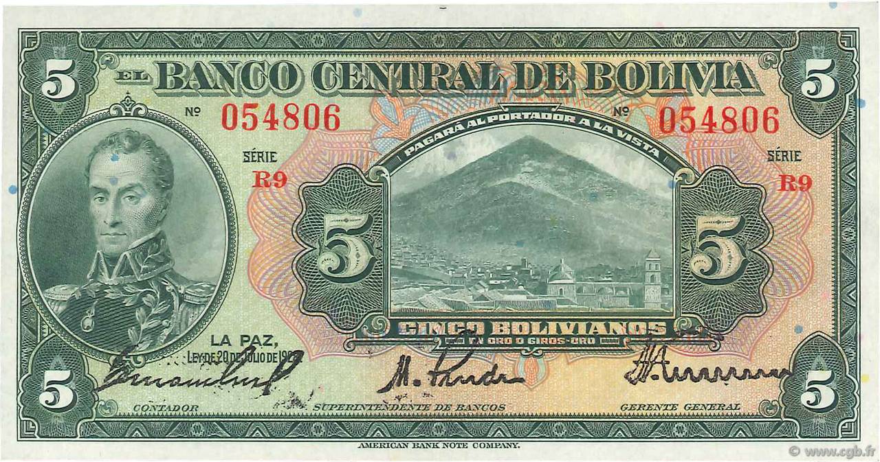 5 Bolivianos BOLIVIE  1928 P.120a SPL