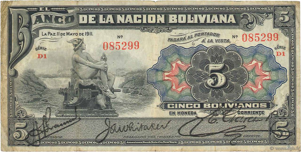 5 Bolivianos BOLIVIE  1911 P.105b TB