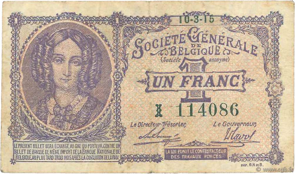 1 Franc BELGIUM  1915 P.086a VF-