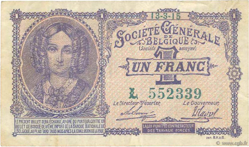 1 Franc BELGIQUE  1915 P.086a TTB