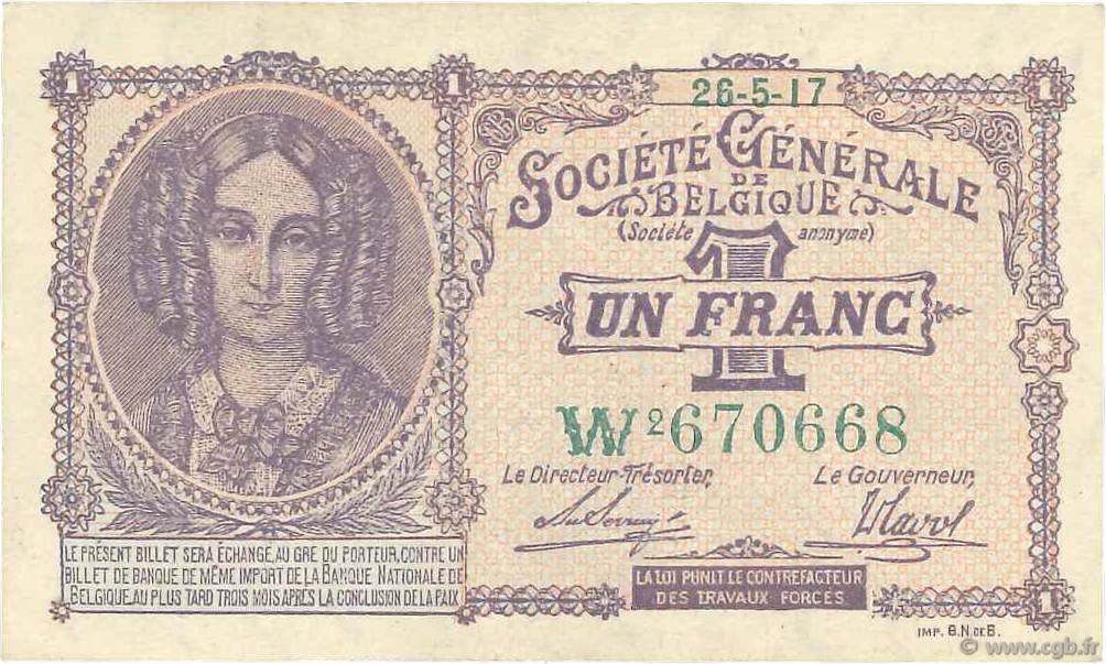 1 Franc BELGIQUE  1917 P.086b SUP+