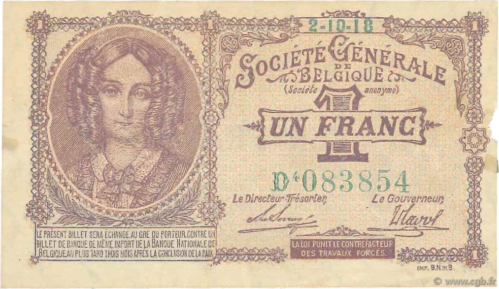 1 Franc BELGIQUE  1918 P.086b TTB