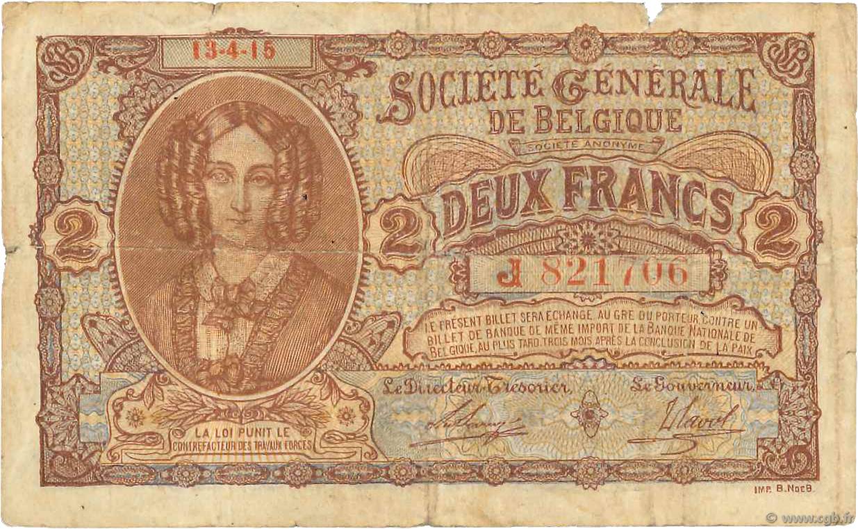2 Francs BELGIQUE  1915 P.087 B+