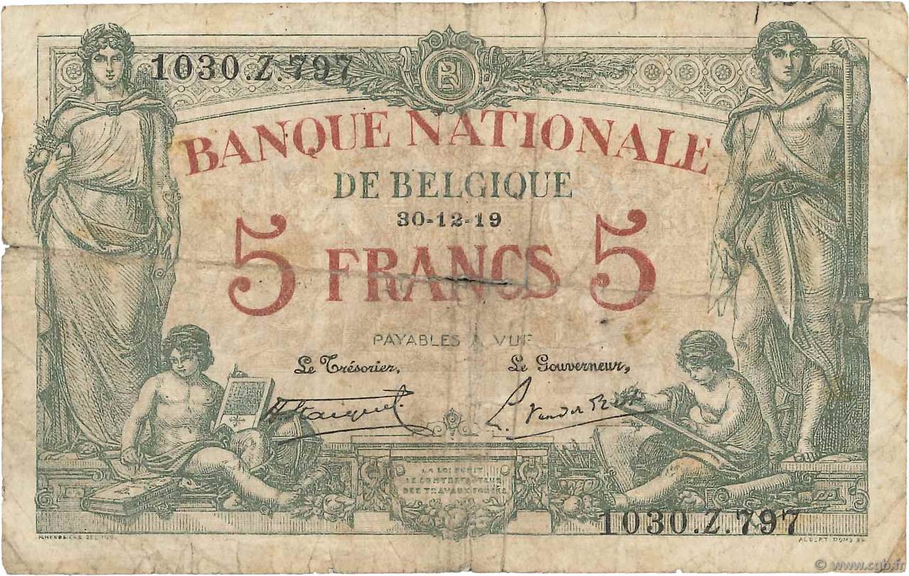 5 Francs BELGIQUE  1919 P.075b B