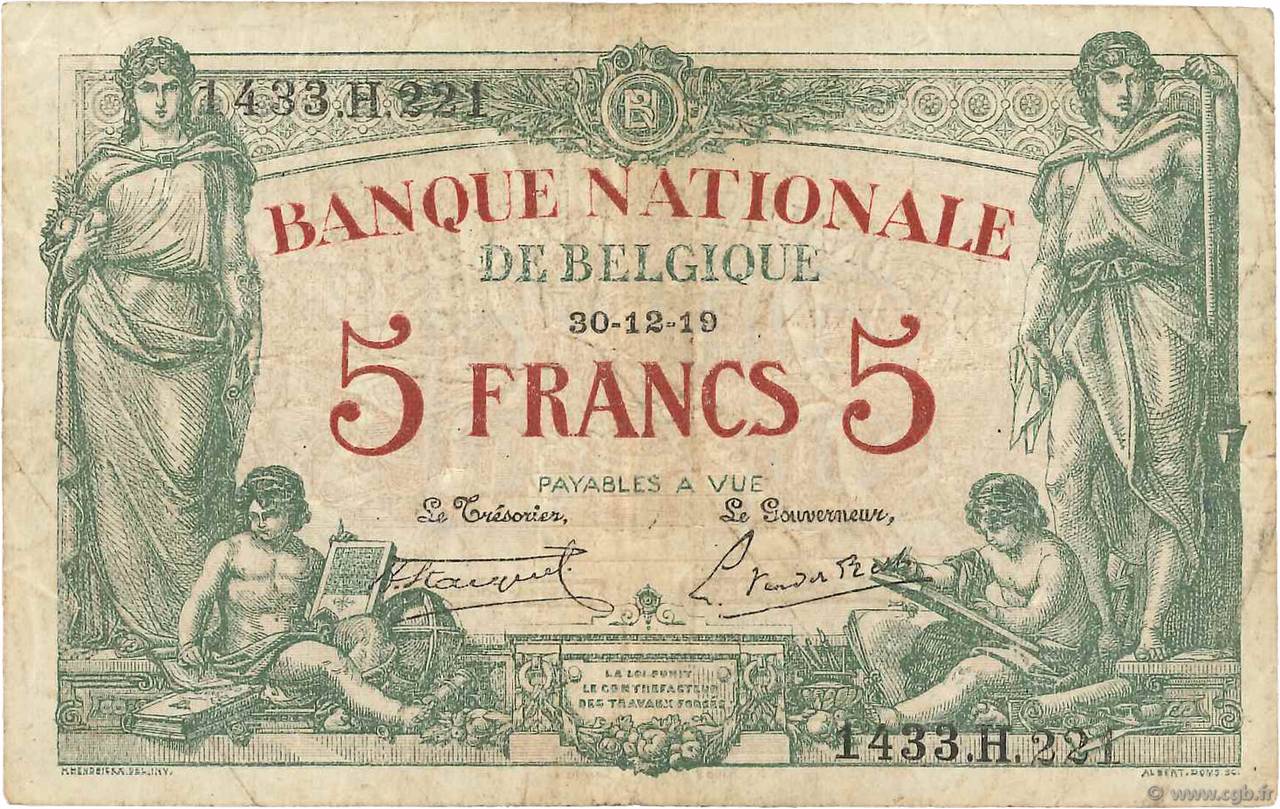 5 Francs BELGIUM  1919 P.075b F