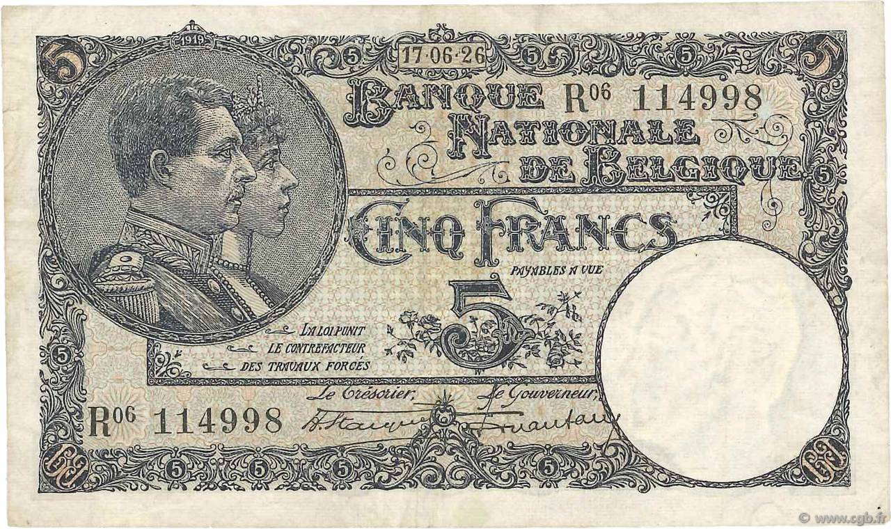 5 Francs BELGIQUE  1926 P.093 TTB