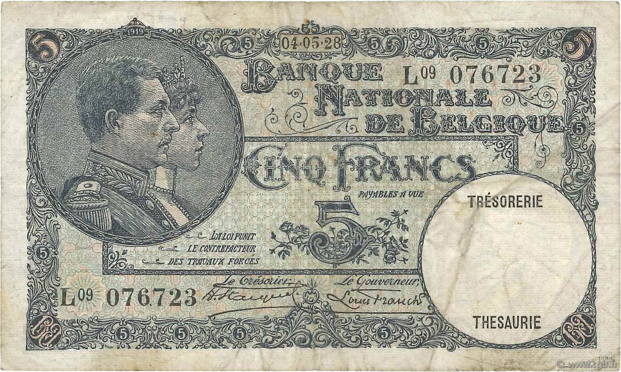 5 Francs BELGIQUE  1927 P.097b TB