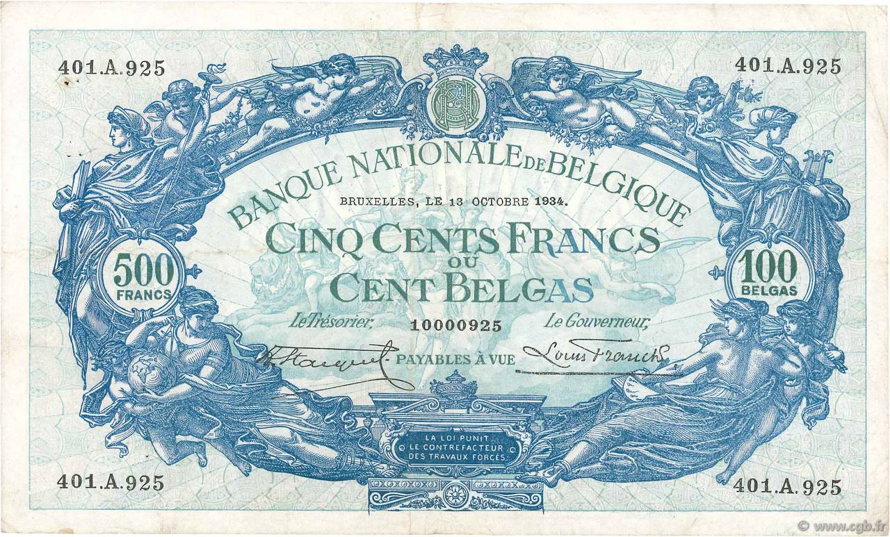 500 Francs - 100 Belgas BELGIQUE  1934 P.103a TTB