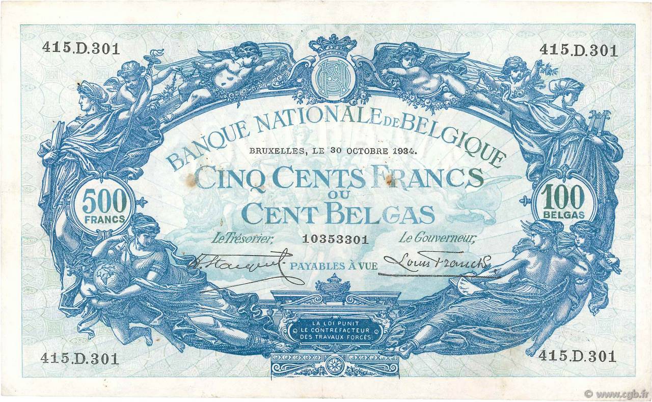 500 Francs - 100 Belgas BELGIQUE  1934 P.103a TTB+