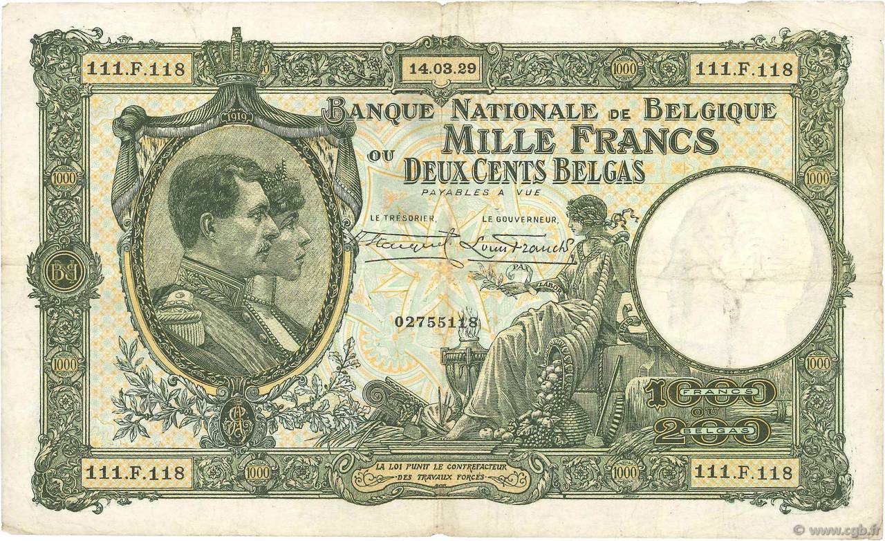 1000 Francs - 200 Belgas BELGIQUE  1928 P.104 TB