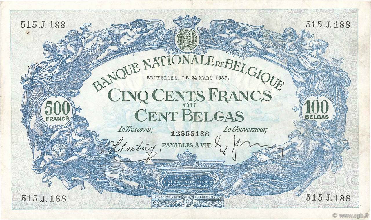 500 Francs - 100 Belgas BELGIQUE  1938 P.109 TTB