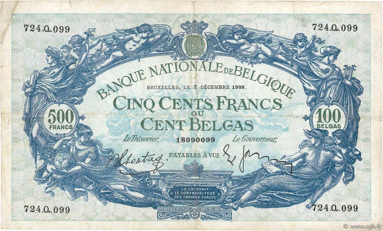 500 Francs - 100 Belgas BELGIQUE  1938 P.109 pr.TTB