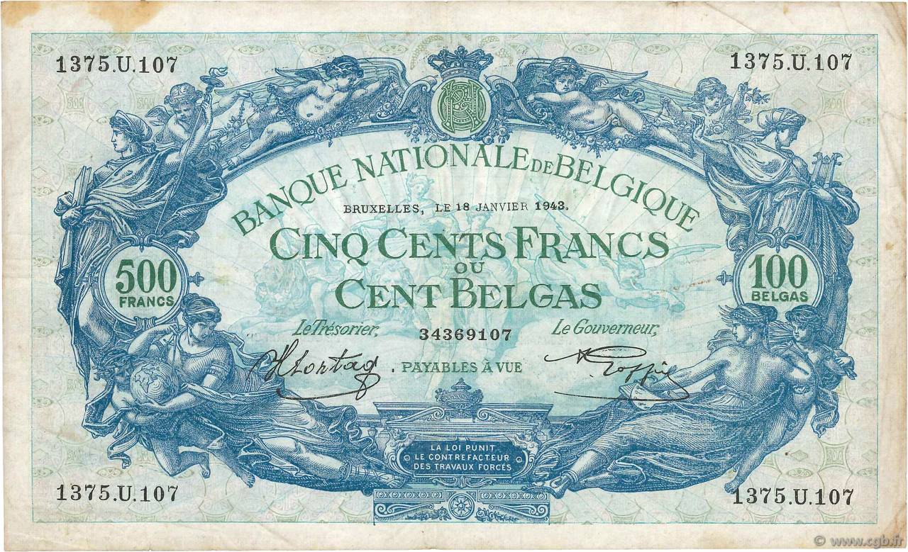 500 Francs - 100 Belgas BELGIQUE  1943 P.109 TB