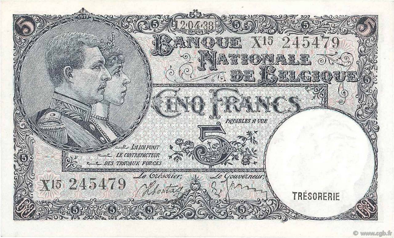 5 Francs BELGIQUE  1938 P.108a pr.NEUF