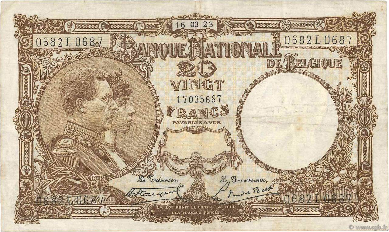 20 Francs BELGIQUE  1923 P.094 pr.TTB