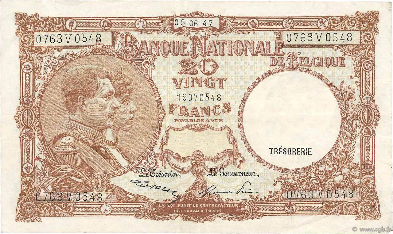 20 Francs BELGIUM  1947 P.111 VF+
