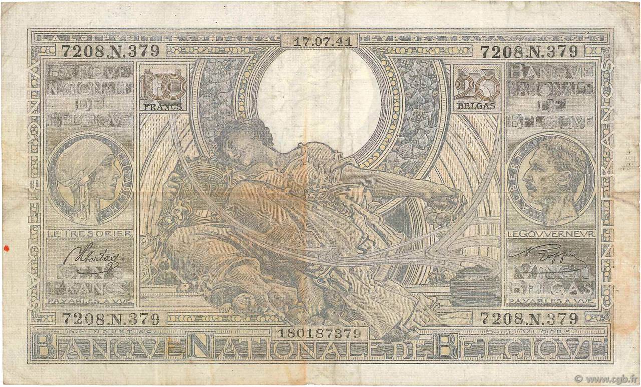 100 Francs - 20 Belgas BELGIUM  1941 P.107 F