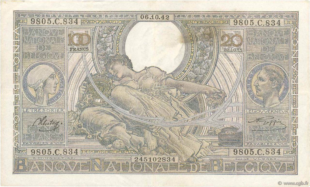 100 Francs - 20 Belgas BELGIQUE  1942 P.107 TTB