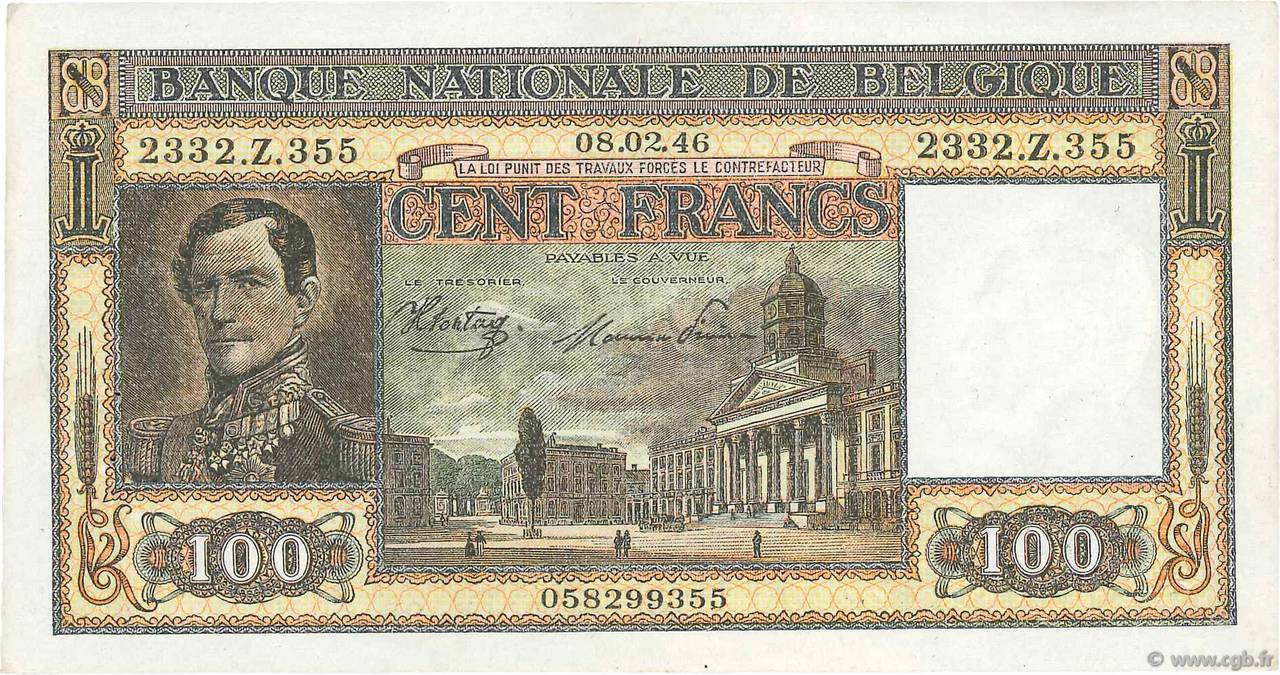 100 Francs BELGIUM  1945 P.126 XF