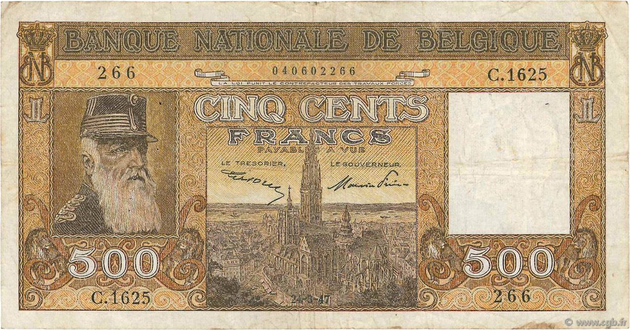 500 Francs BELGIQUE  1947 P.127b TB