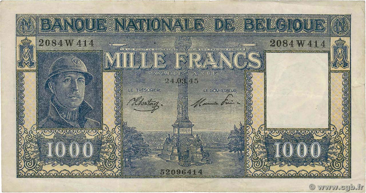 1000 Francs BELGIQUE  1945 P.128b TTB