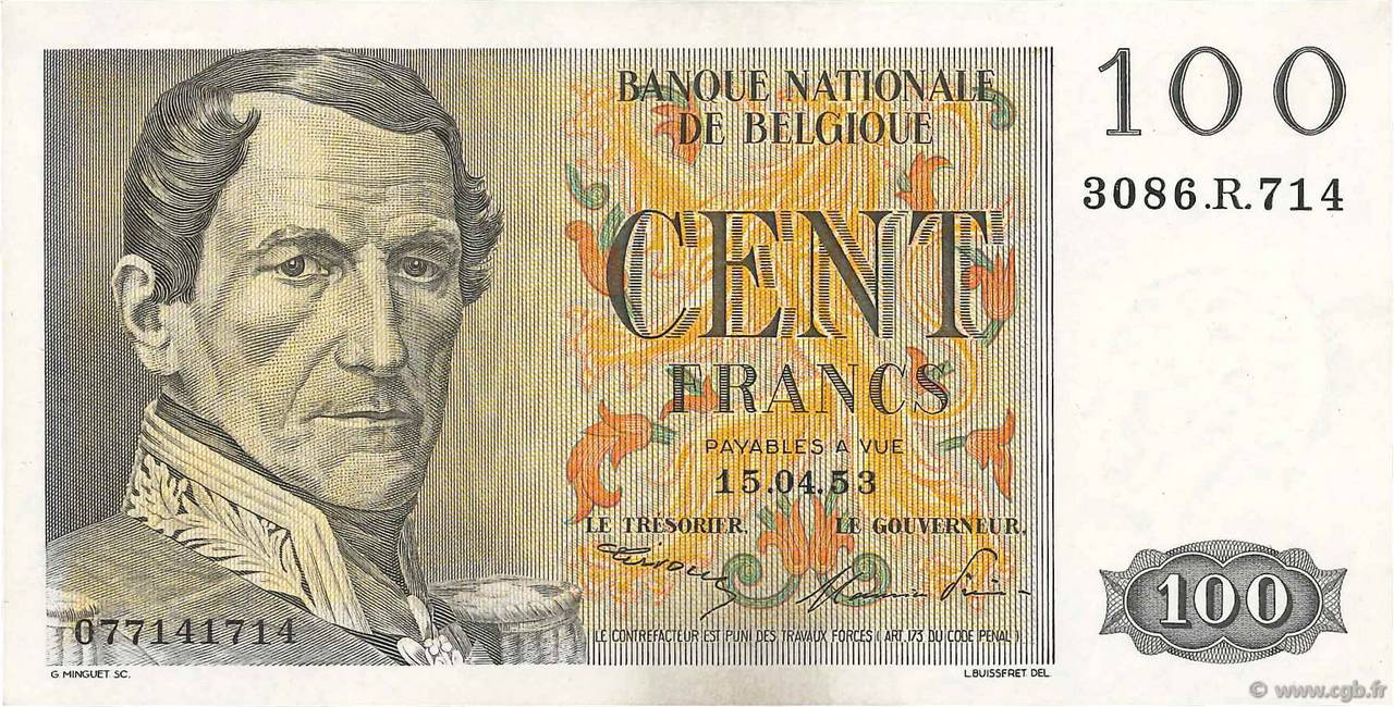 100 Francs BELGIUM  1952 P.129a AU