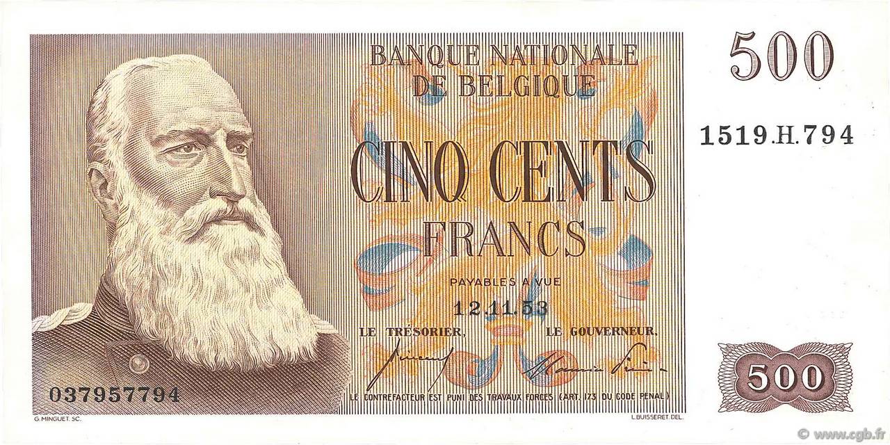 500 Francs BELGIQUE  1953 P.130 SPL