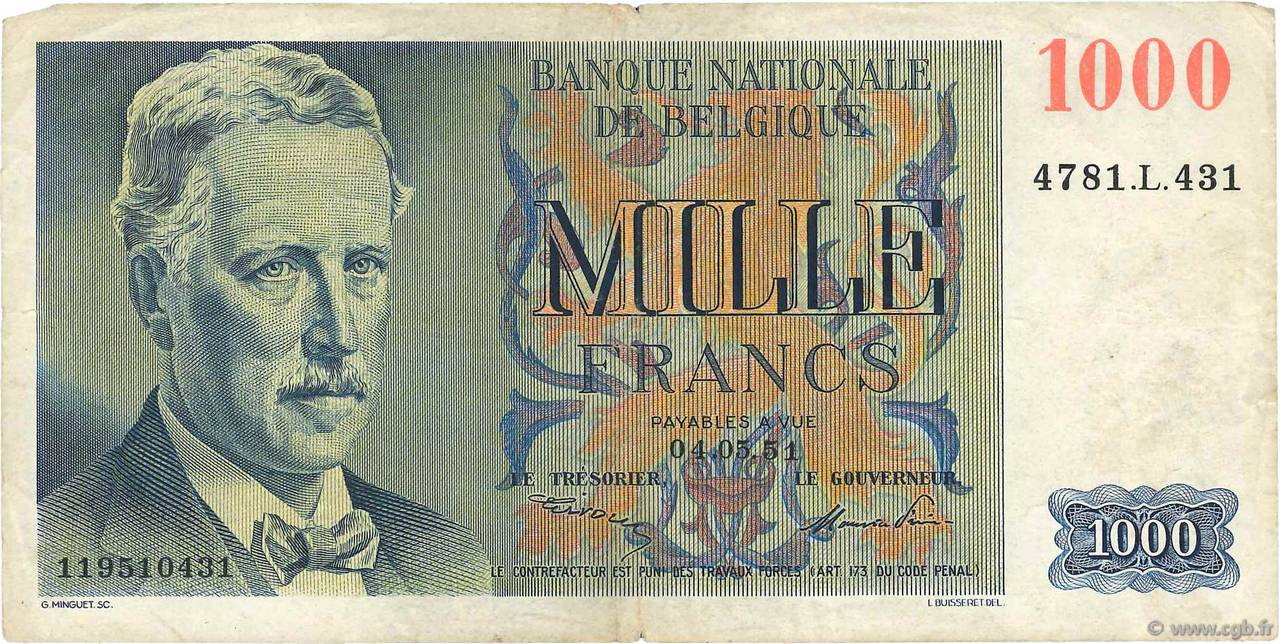 1000 Francs BELGIQUE  1950 P.131 TB