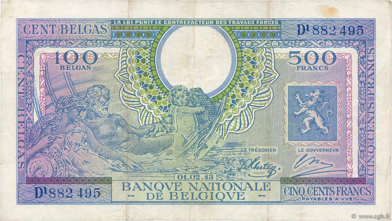 500 Francs - 100 Belgas BELGIQUE  1943 P.124 TTB
