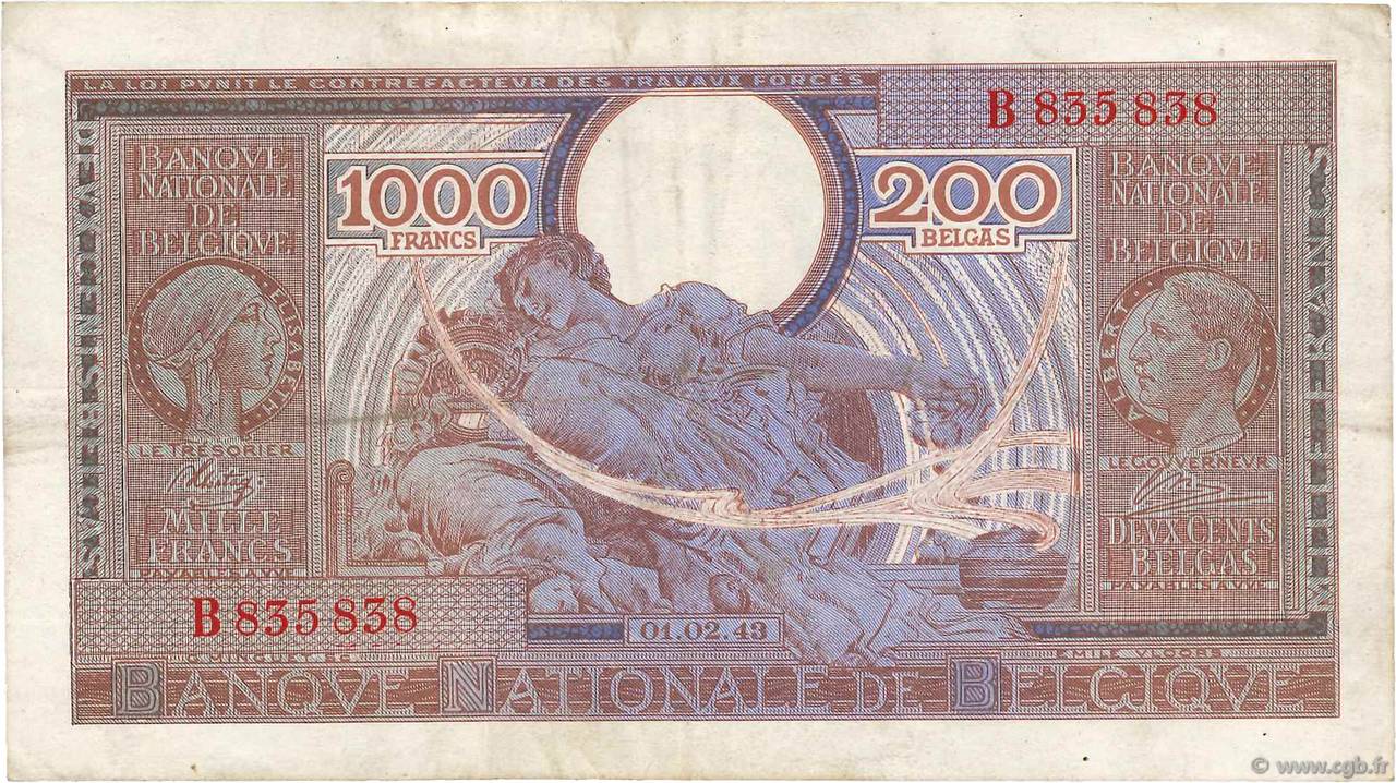 1000 Francs - 200 Belgas BELGIQUE  1943 P.125 TTB