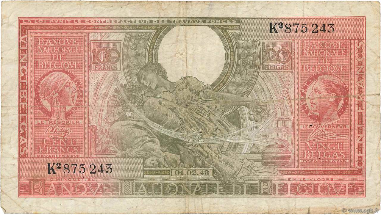 100 Francs - 20 Belgas BELGIUM  1943 P.123 G