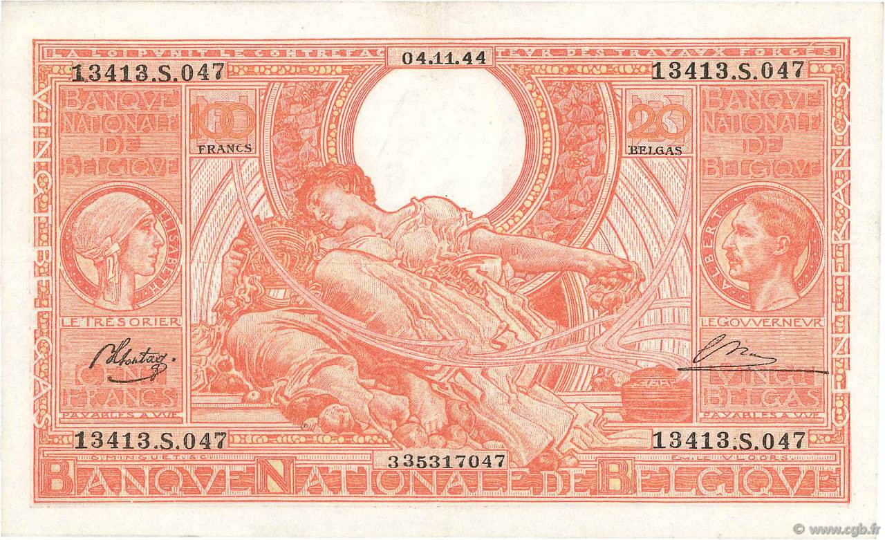 100 Francs - 20 Belgas BELGIUM  1944 P.113 VF+