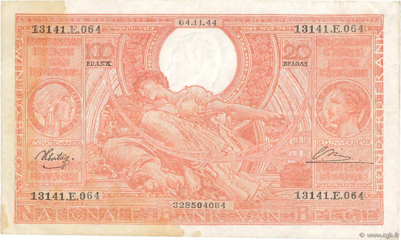 100 Francs - 20 Belgas BELGIQUE  1944 P.114 TTB