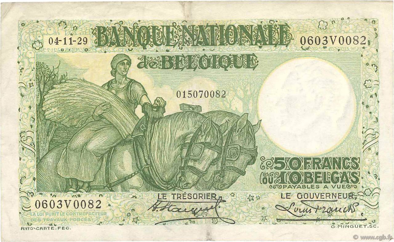 50 Francs - 10 Belgas BELGIQUE  1929 P.101 TTB