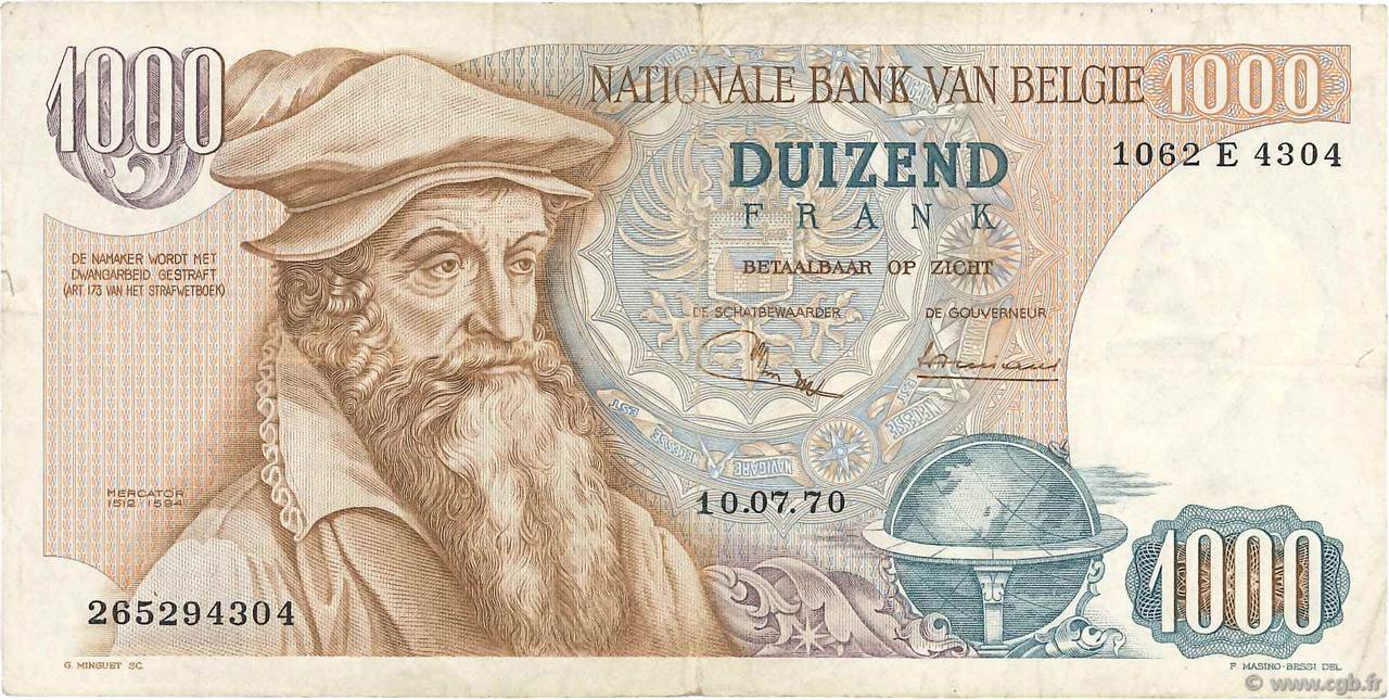 1000 Francs BELGIUM  1970 P.136b F+