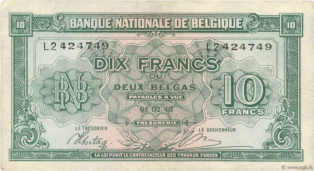 10 Francs - 2 Belgas BELGIQUE  1943 P.122 TTB