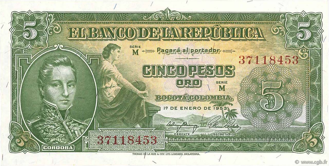 5 Pesos Oro COLOMBIE  1953 P.399a SPL+