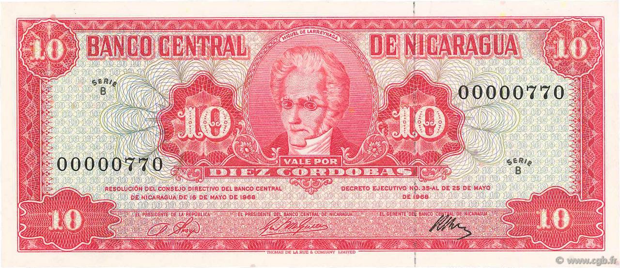 10 Cordobas Petit numéro NICARAGUA  1968 P.117 NEUF
