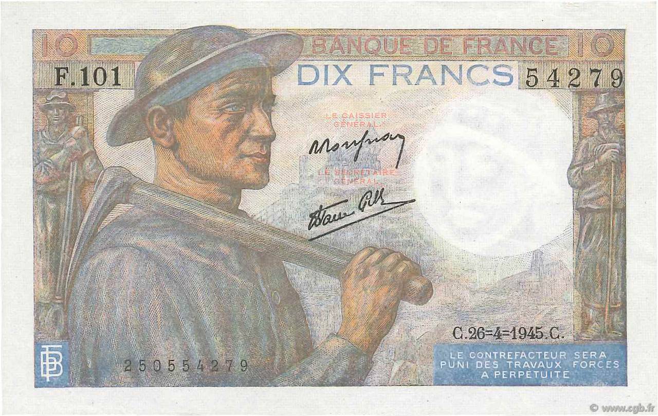 10 Francs MINEUR FRANCE  1945 F.08.14 TTB+