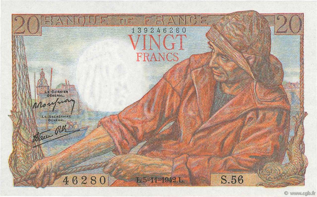 20 Francs PÊCHEUR FRANCE  1942 F.13.04 NEUF