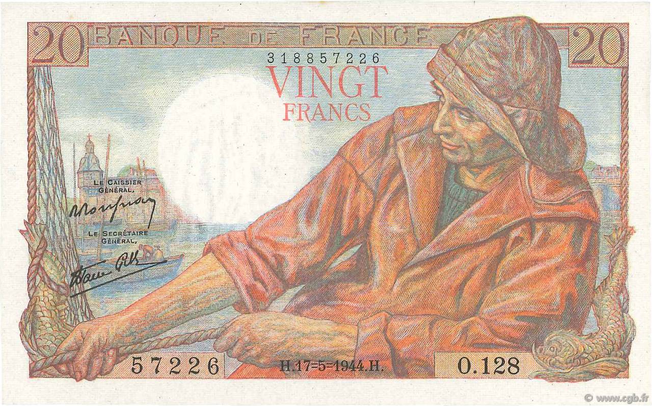 20 Francs PÊCHEUR FRANCE  1944 F.13.09 NEUF