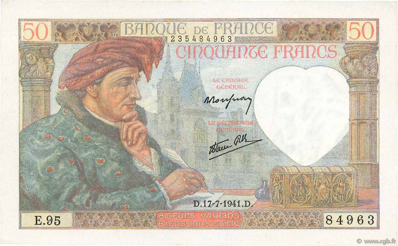 50 Francs JACQUES CŒUR FRANCE  1941 F.19.12 pr.NEUF