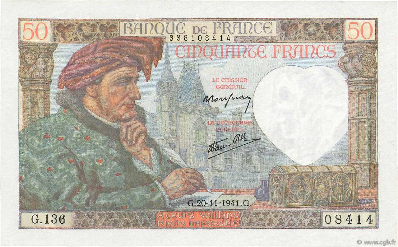 50 Francs JACQUES CŒUR FRANCIA  1941 F.19.16 AU+
