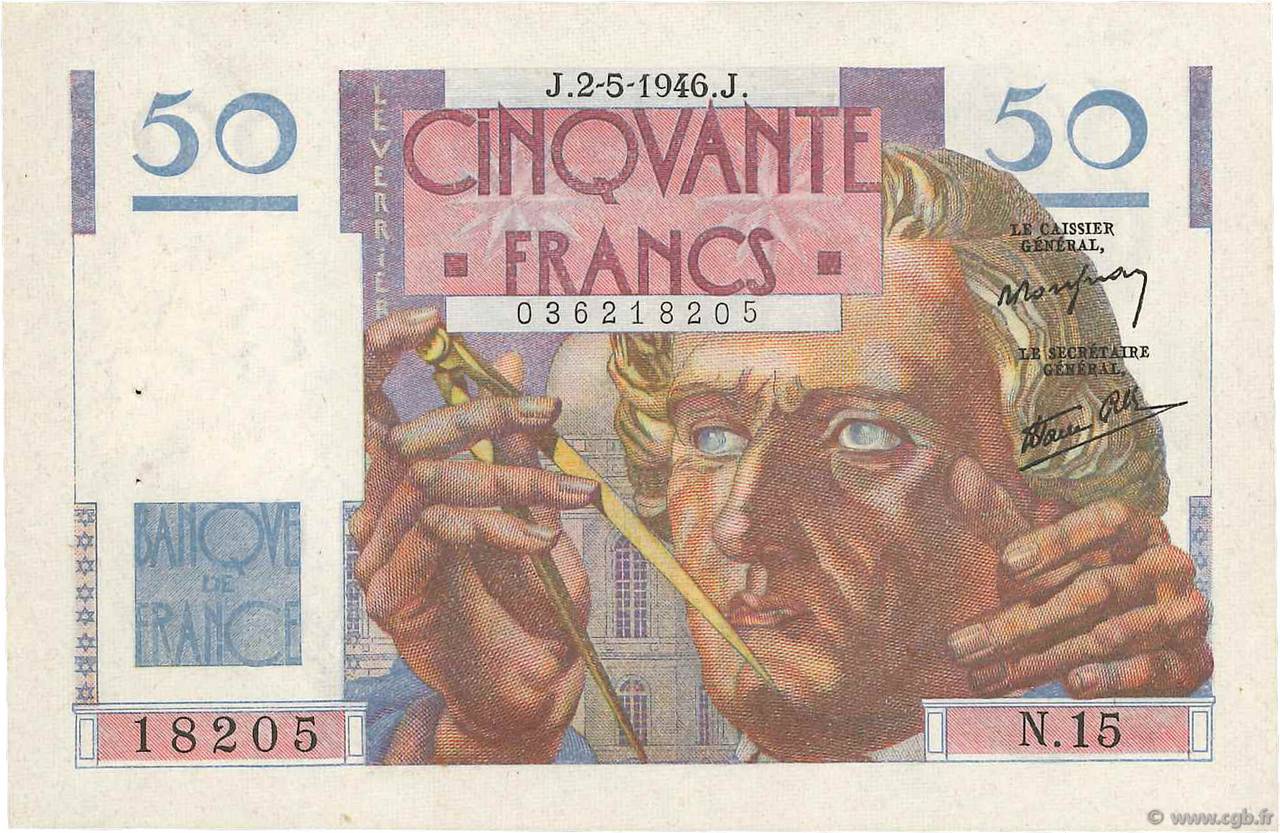 50 Francs LE VERRIER FRANCE  1946 F.20.03 AU-